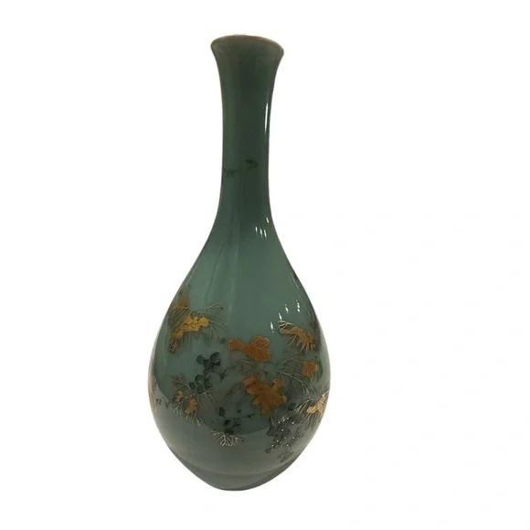 .Asian Turquoise Gilt Decorated Crane Neck Porcelain Glazed Large Vase #1